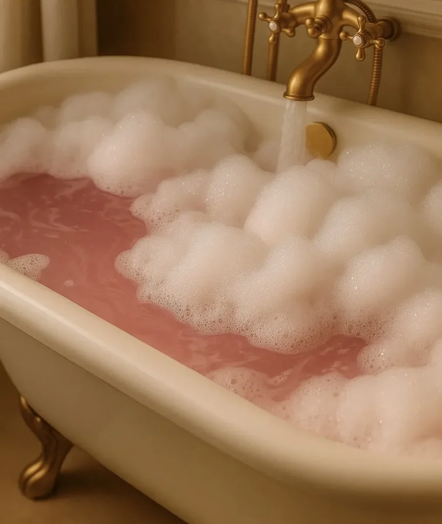 A luxurious pink bubble bath with soft foam and a golden faucet, part of Fwwarra’s handmade natural self-care collection in Qatar.